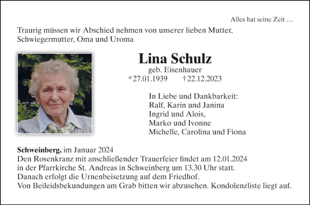  Traueranzeige für Lina Schulz vom 05.01.2024 aus Fränkische Nachrichten