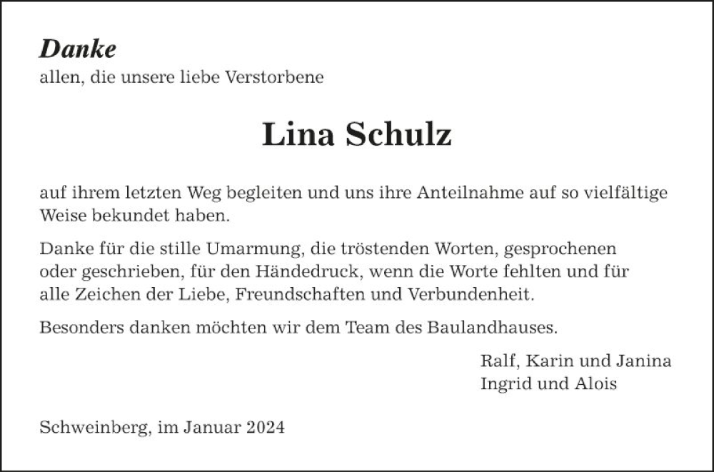  Traueranzeige für Lina Schulz vom 20.01.2024 aus Fränkische Nachrichten