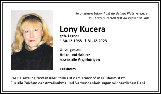 Traueranzeige von Lony Kucera von Fränkische Nachrichten