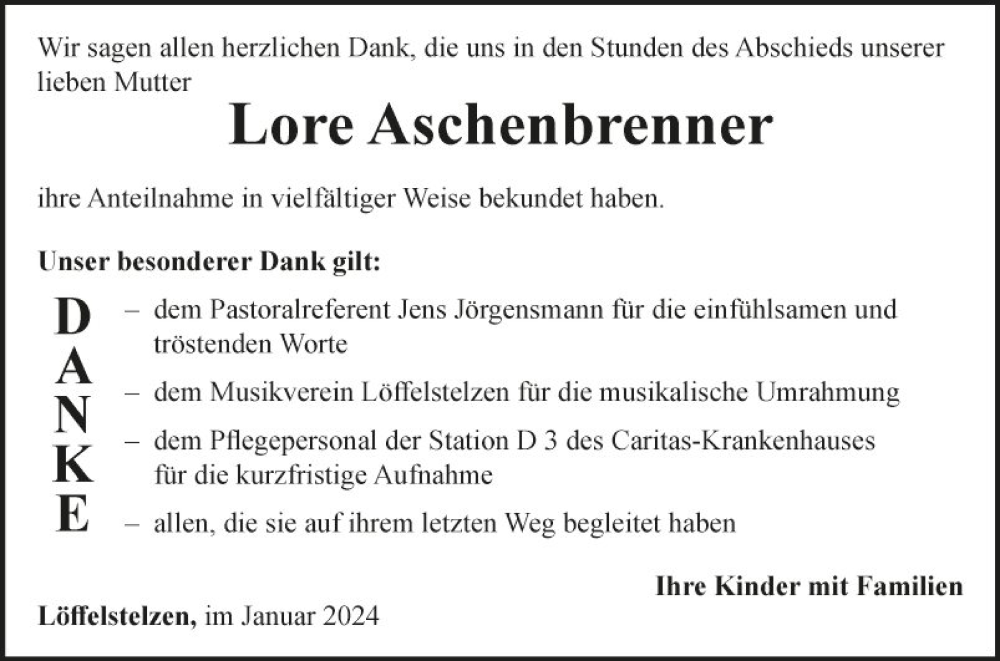  Traueranzeige für Lore Aschenbrenner vom 13.01.2024 aus Fränkische Nachrichten