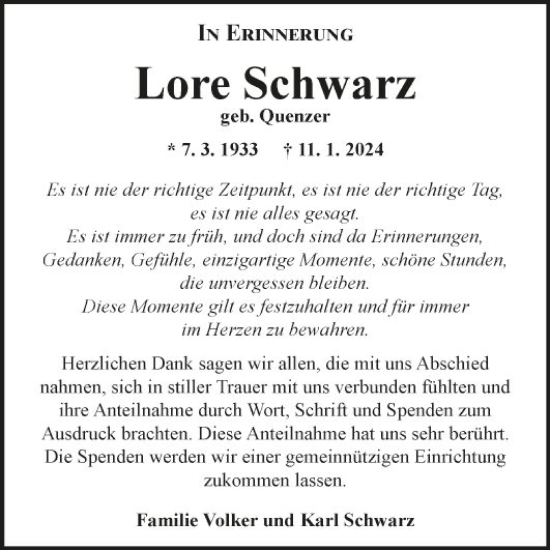 Traueranzeige von Lore Schwarz von Fränkische Nachrichten