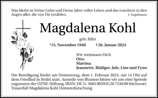 Traueranzeige von Magdalena Kohl von Schwetzinger Zeitung