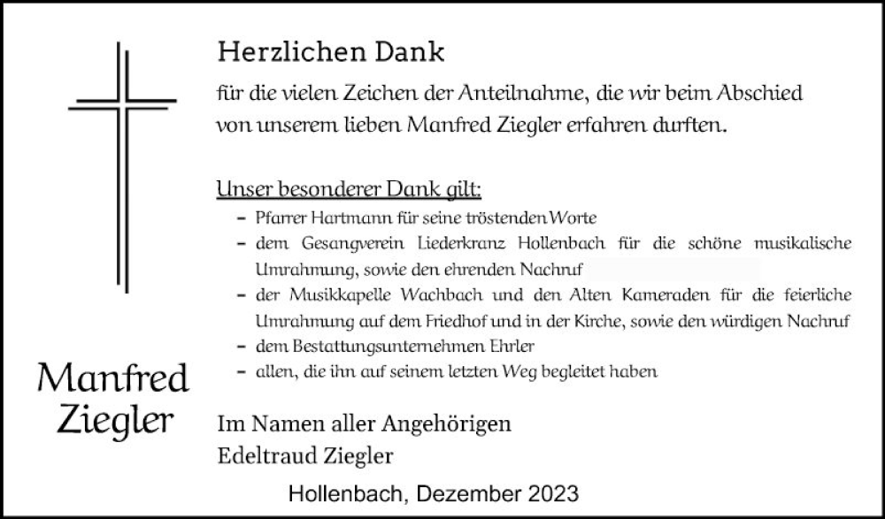  Traueranzeige für Manfred Ziegler vom 27.01.2024 aus Fränkische Nachrichten