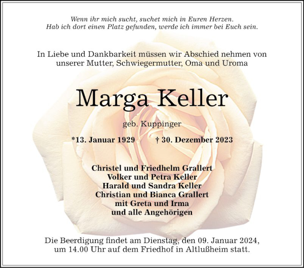  Traueranzeige für Marga Keller vom 03.01.2024 aus Schwetzinger Zeitung
