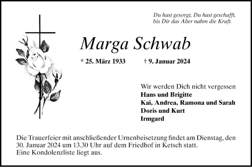  Traueranzeige für Marga Schwab vom 27.01.2024 aus Schwetzinger Zeitung