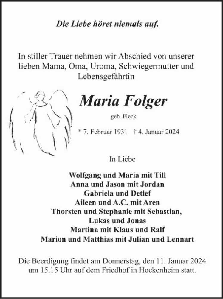  Traueranzeige für Maria Folger vom 09.01.2024 aus Schwetzinger Zeitung
