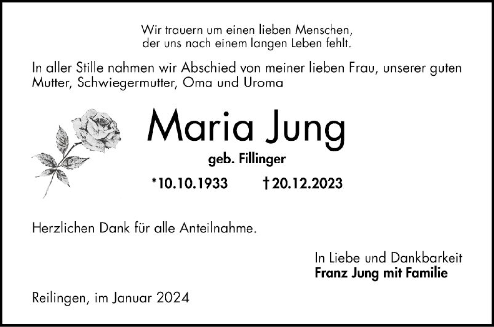  Traueranzeige für Maria Jung vom 27.01.2024 aus Schwetzinger Zeitung