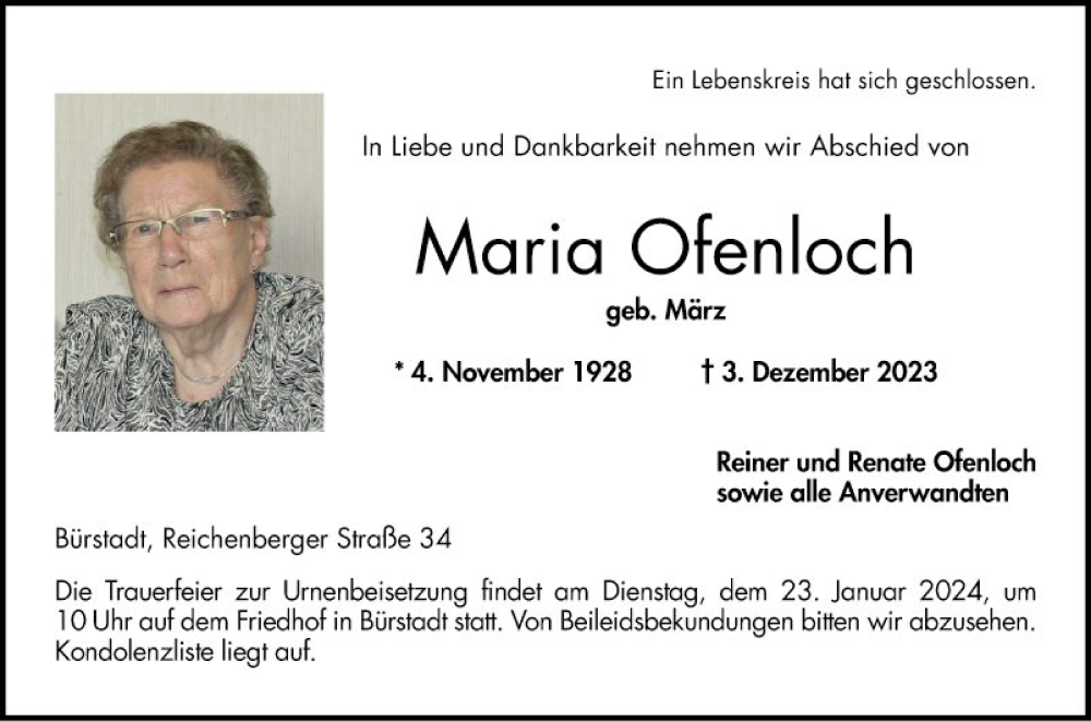  Traueranzeige für Maria Ofenloch vom 20.01.2024 aus Bergsträßer Anzeiger