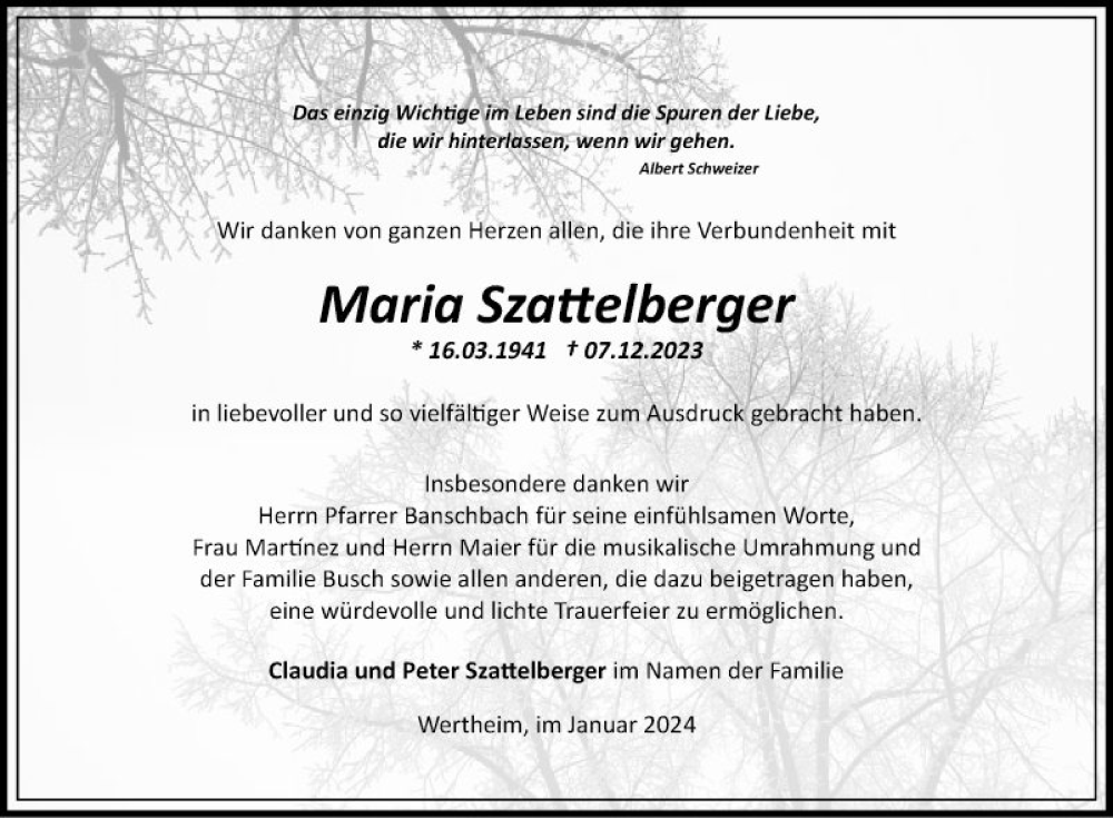  Traueranzeige für Maria Szattelberger vom 13.01.2024 aus Fränkische Nachrichten