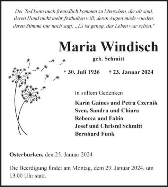 Traueranzeige von Maria Windisch von Fränkische Nachrichten