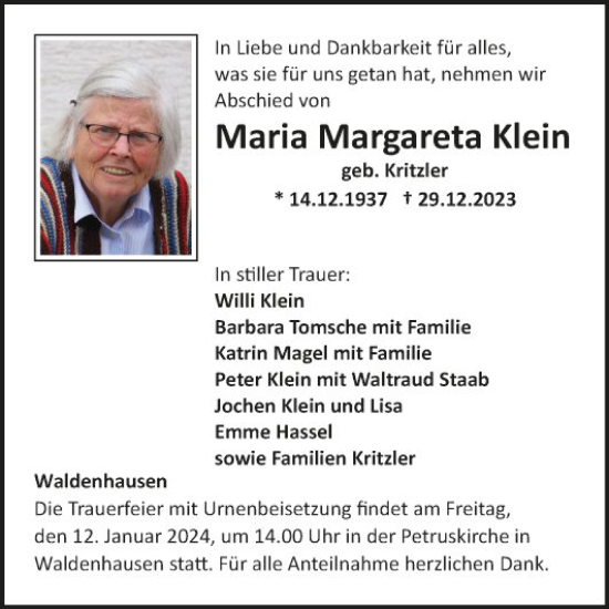 Traueranzeige von Maria Margareta Klein von Fränkische Nachrichten