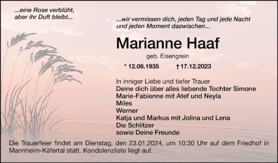 Traueranzeige von Marianne Haaf von Mannheimer Morgen