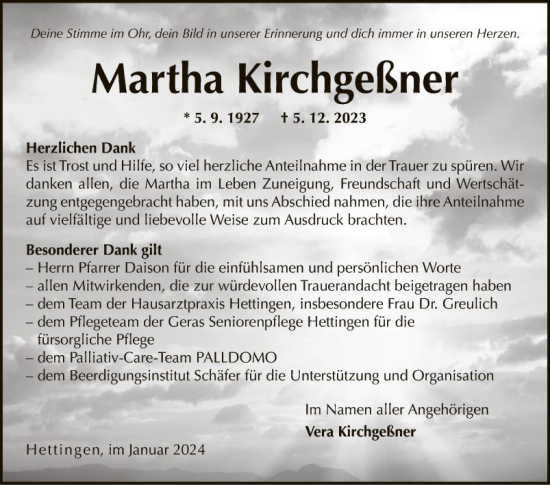 Traueranzeige von Martha Kirchgeßner von Fränkische Nachrichten