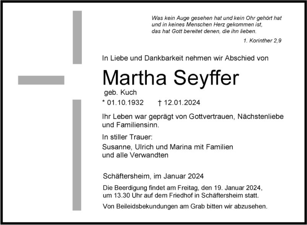  Traueranzeige für Martha Seyffer vom 17.01.2024 aus Fränkische Nachrichten