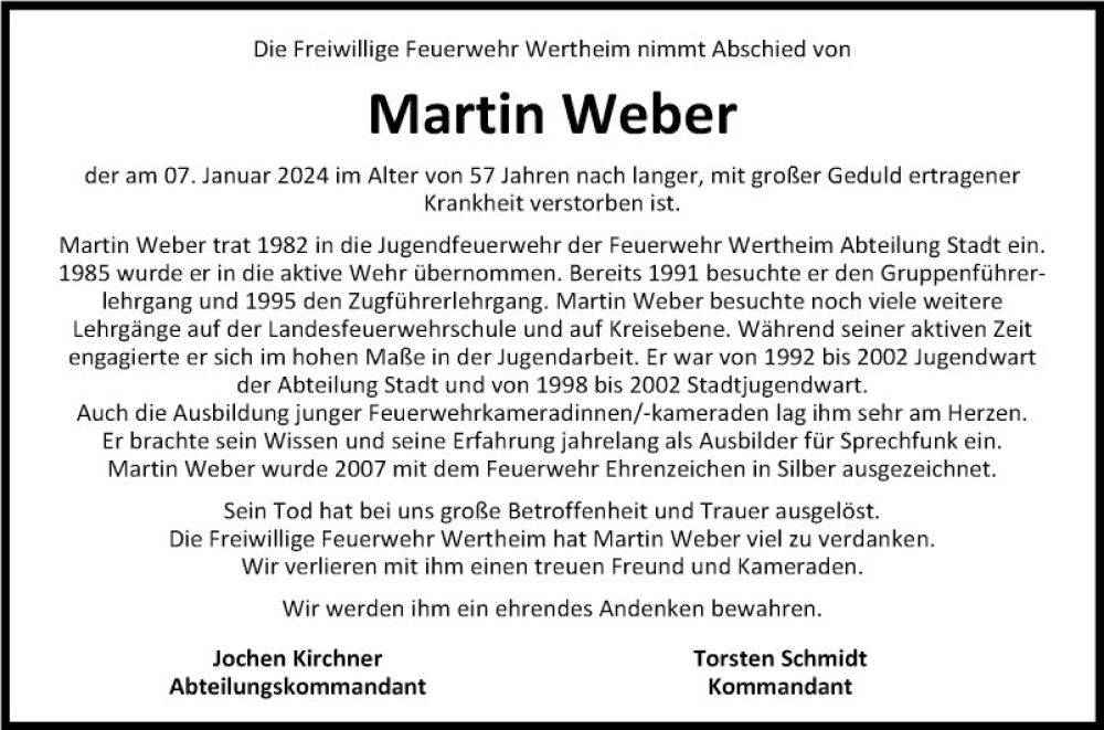  Traueranzeige für Martin Weber vom 13.01.2024 aus Fränkische Nachrichten
