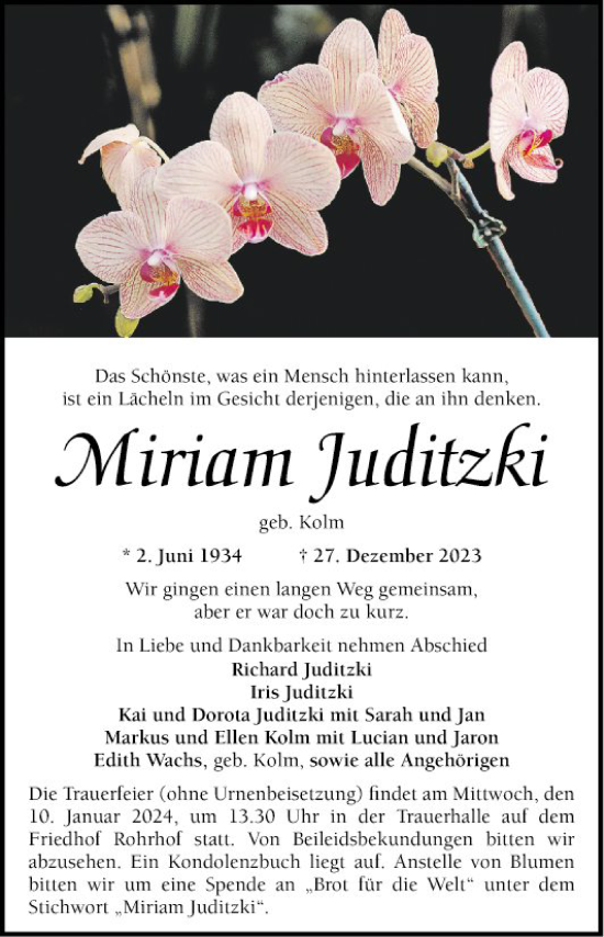 Traueranzeige von Miriam Juditzki von Schwetzinger Zeitung