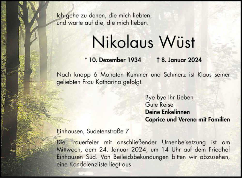  Traueranzeige für Nikolaus Wüst vom 20.01.2024 aus Bergsträßer Anzeiger