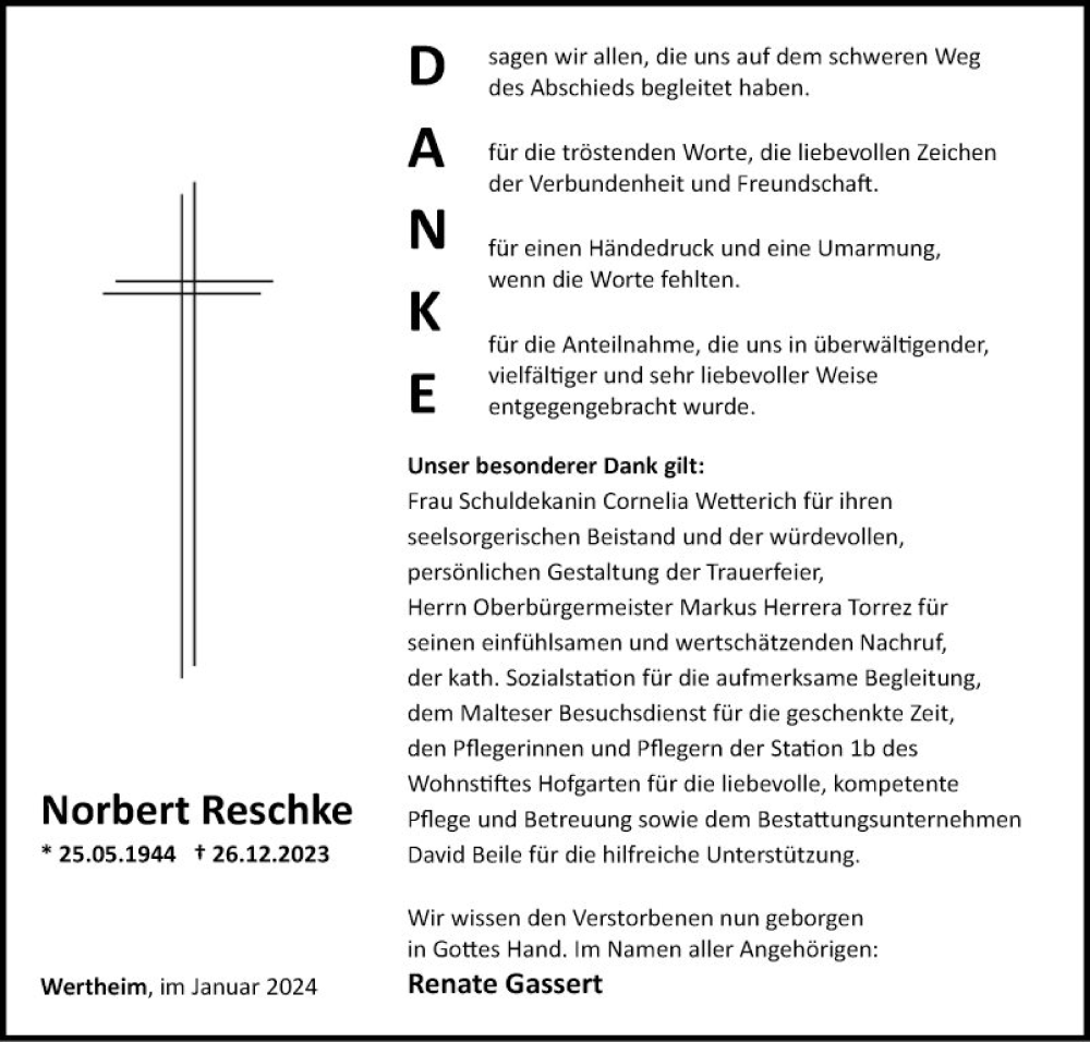  Traueranzeige für Norbert Reschke vom 27.01.2024 aus Fränkische Nachrichten