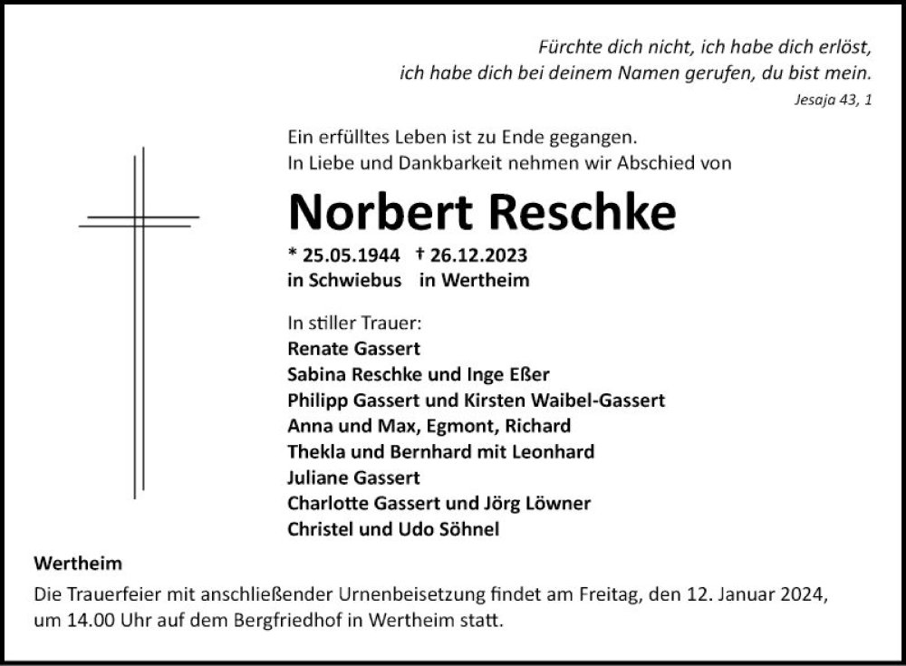  Traueranzeige für Norbert Reschke vom 05.01.2024 aus Fränkische Nachrichten