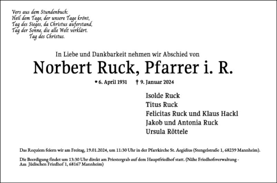 Traueranzeige von Norbert Ruck von Mannheimer Morgen