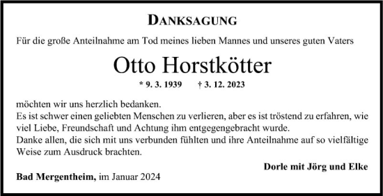 Traueranzeige von Otto Horstkötter von Fränkische Nachrichten
