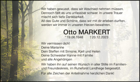 Traueranzeige von Otto Markert von Fränkische Nachrichten