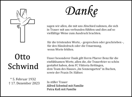 Traueranzeige von Otto Schwind von Fränkische Nachrichten