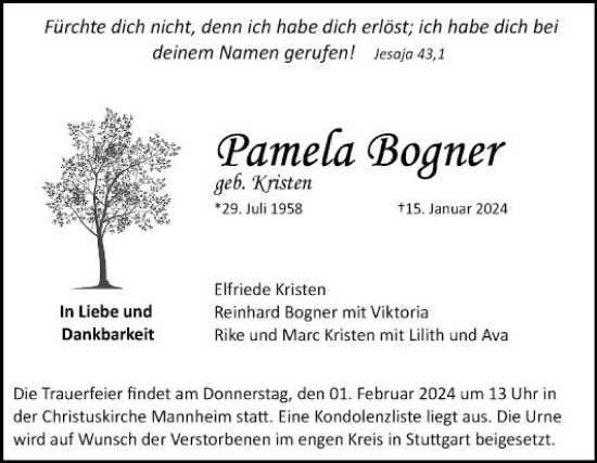 Traueranzeige von Pamela Bogner von Mannheimer Morgen