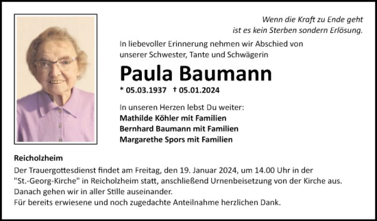 Traueranzeige von Paula Baumann von Fränkische Nachrichten