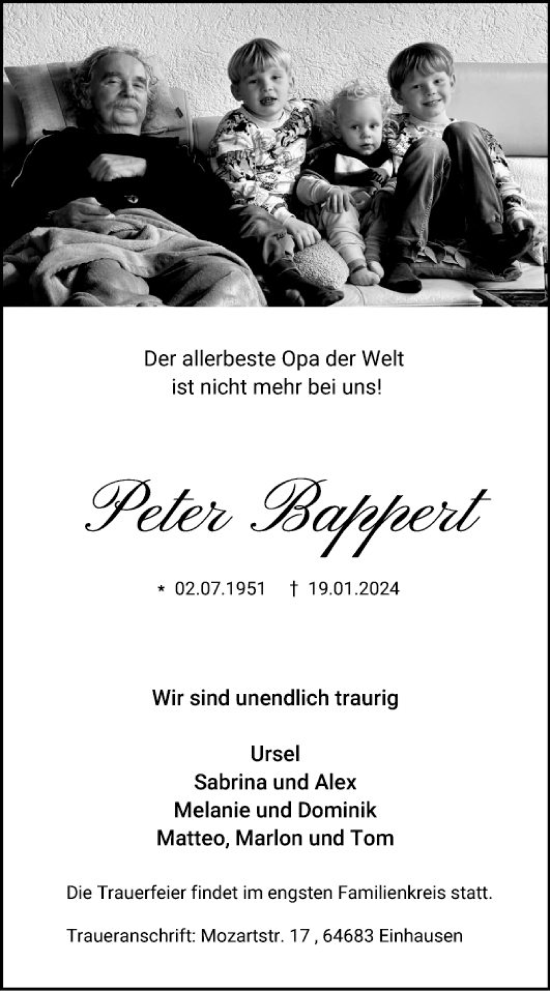 Traueranzeige von Peter Bappert von Bergsträßer Anzeiger