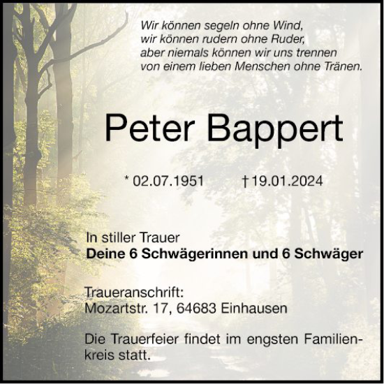 Traueranzeige von Peter Bappert von Bergsträßer Anzeiger