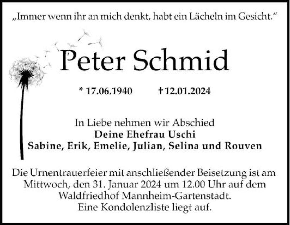 Traueranzeige für Peter Schmid vom 27.01.2024 aus Mannheimer Morgen
