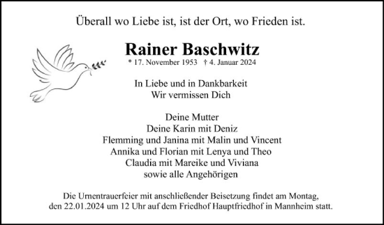 Traueranzeige von Rainer Baschwitz von Mannheimer Morgen