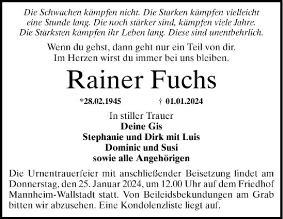 Traueranzeige von Rainer Fuchs von Mannheimer Morgen