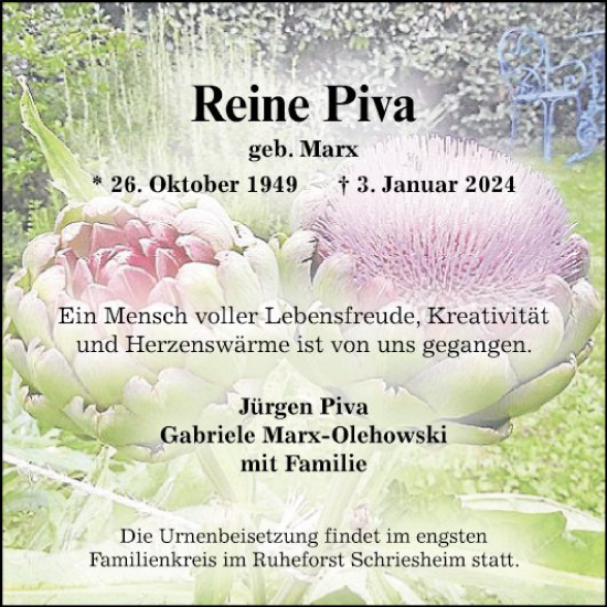 Traueranzeige von Reine Piva von Mannheimer Morgen