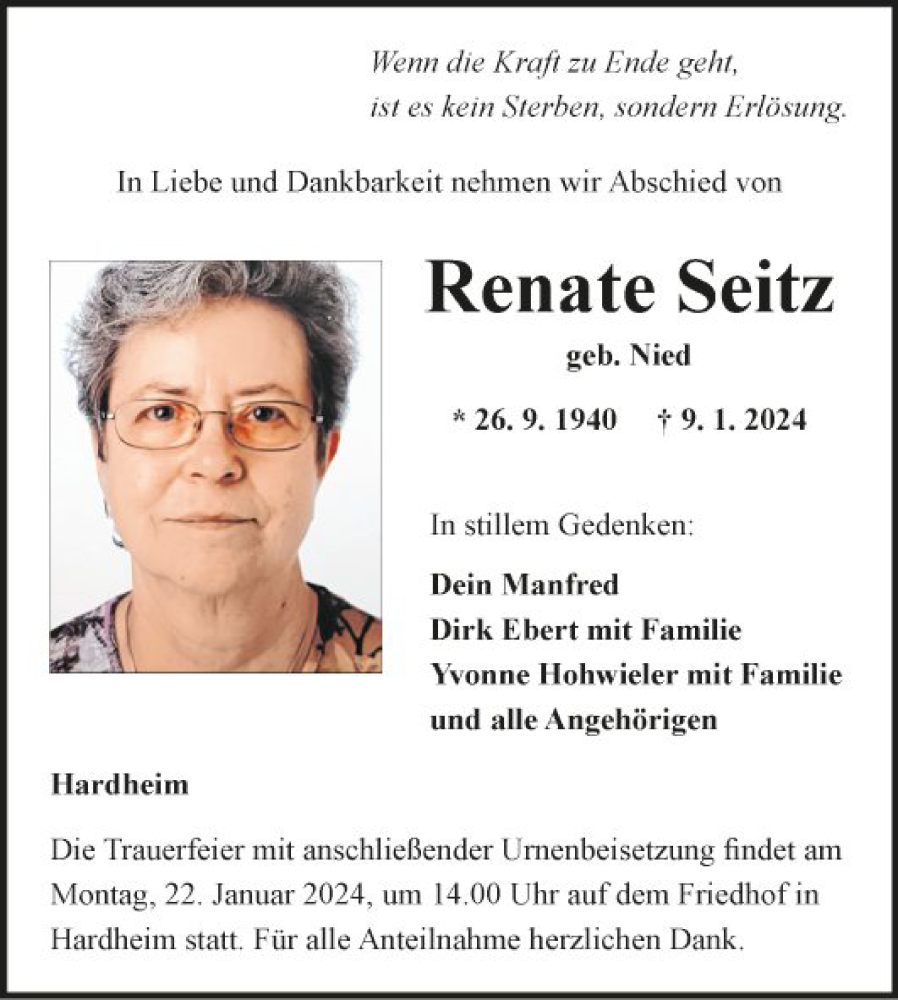  Traueranzeige für Renate Seitz vom 17.01.2024 aus Fränkische Nachrichten