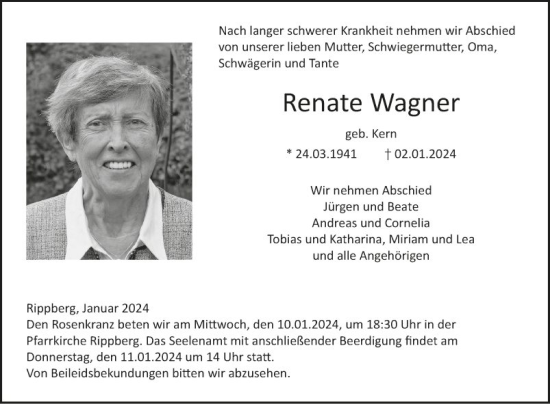 Traueranzeige von Renate Wagner von Fränkische Nachrichten