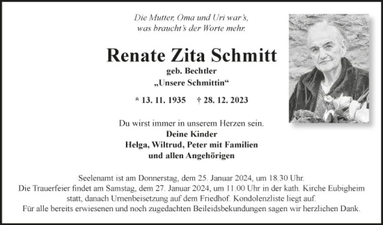 Traueranzeige von Renate Zita Schmitt von Fränkische Nachrichten