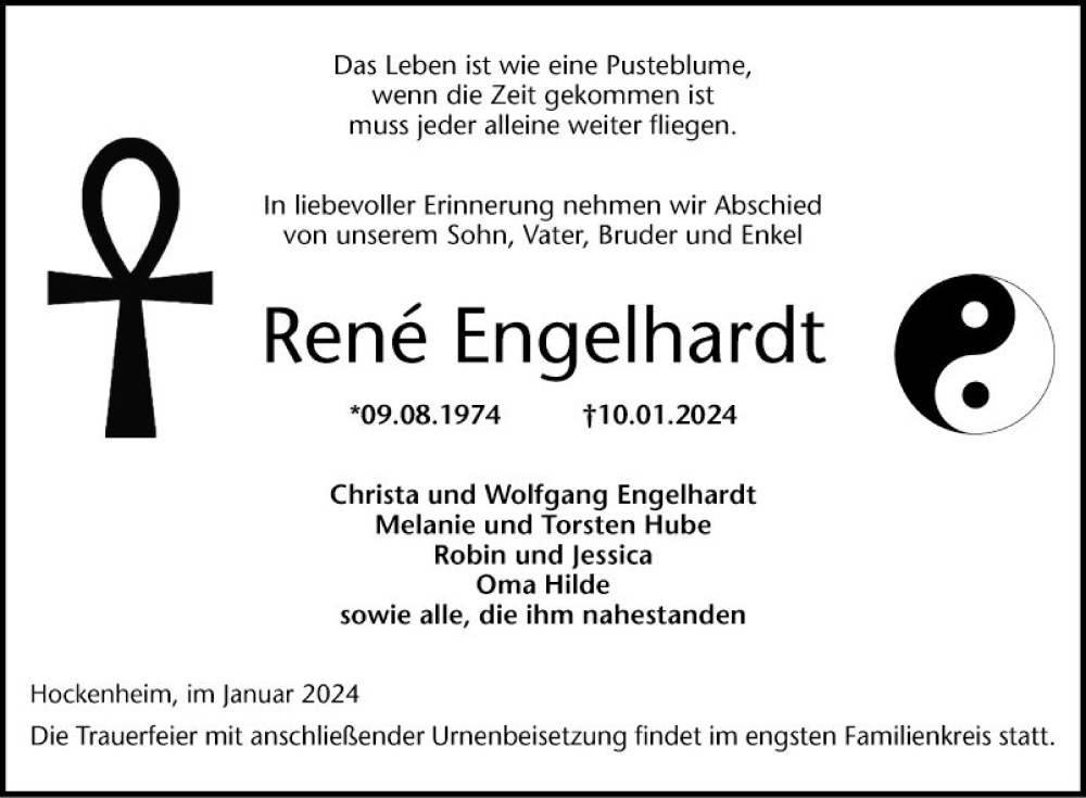  Traueranzeige für René Engelhardt vom 20.01.2024 aus Schwetzinger Zeitung