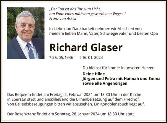 Traueranzeige von Richard Glaser von Fränkische Nachrichten