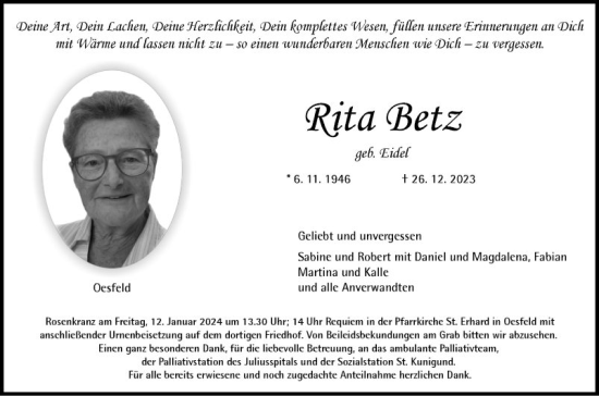 Traueranzeige von Rita Betz von Fränkische Nachrichten