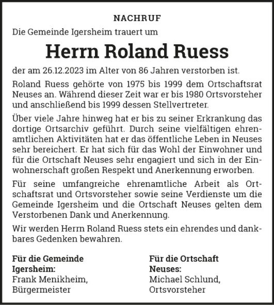  Traueranzeige für Roland Ruess vom 05.01.2024 aus Fränkische Nachrichten