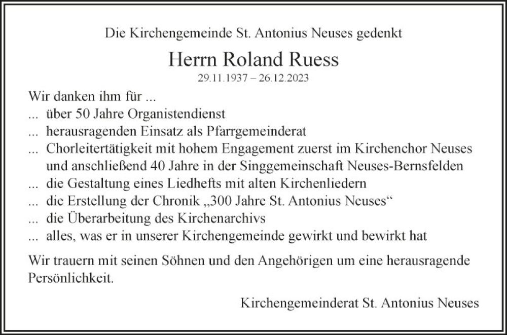  Traueranzeige für Roland Ruess vom 05.01.2024 aus Fränkische Nachrichten
