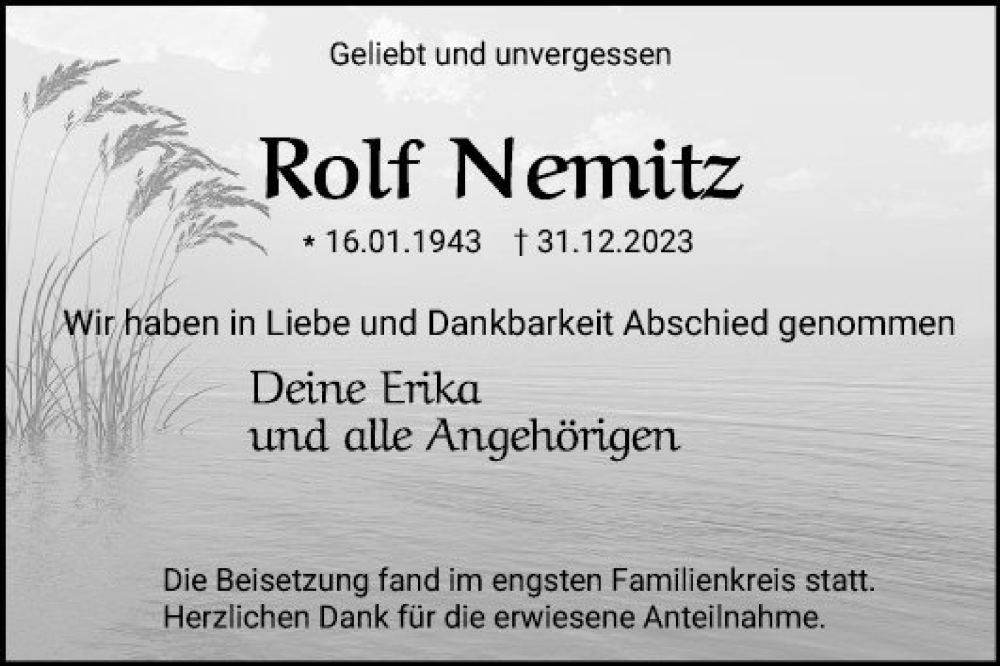  Traueranzeige für Rolf Nemitz vom 20.01.2024 aus Mannheimer Morgen