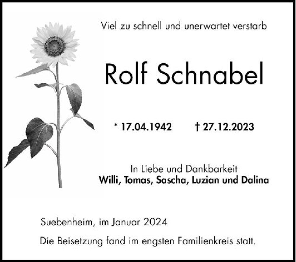  Traueranzeige für Rolf Schnabel vom 05.01.2024 aus Mannheimer Morgen