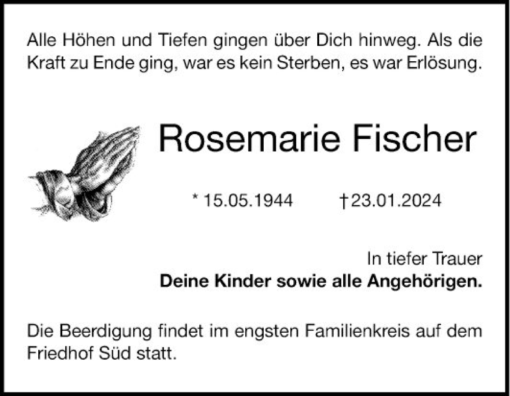  Traueranzeige für Rosemarie Fischer vom 27.01.2024 aus Bergsträßer Anzeiger