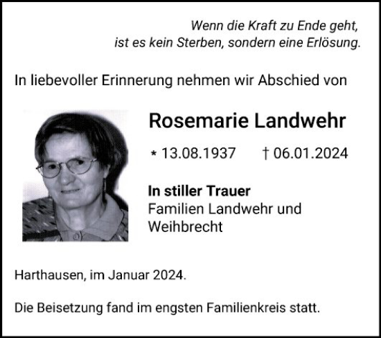 Traueranzeige von Rosemarie Landwehr von Fränkische Nachrichten
