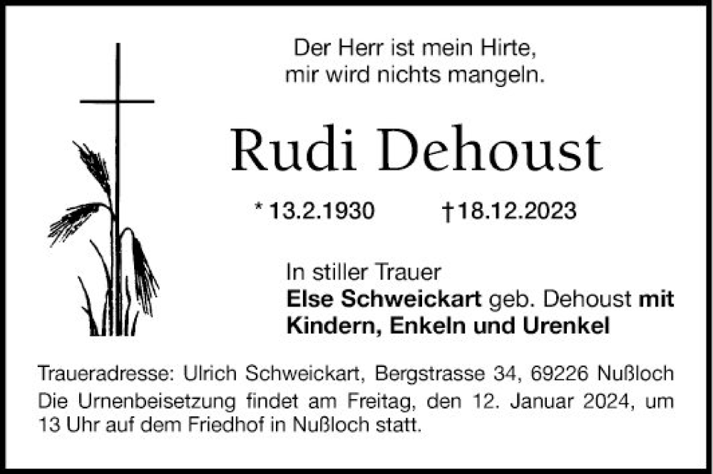  Traueranzeige für Rudi Dehoust vom 05.01.2024 aus Mannheimer Morgen