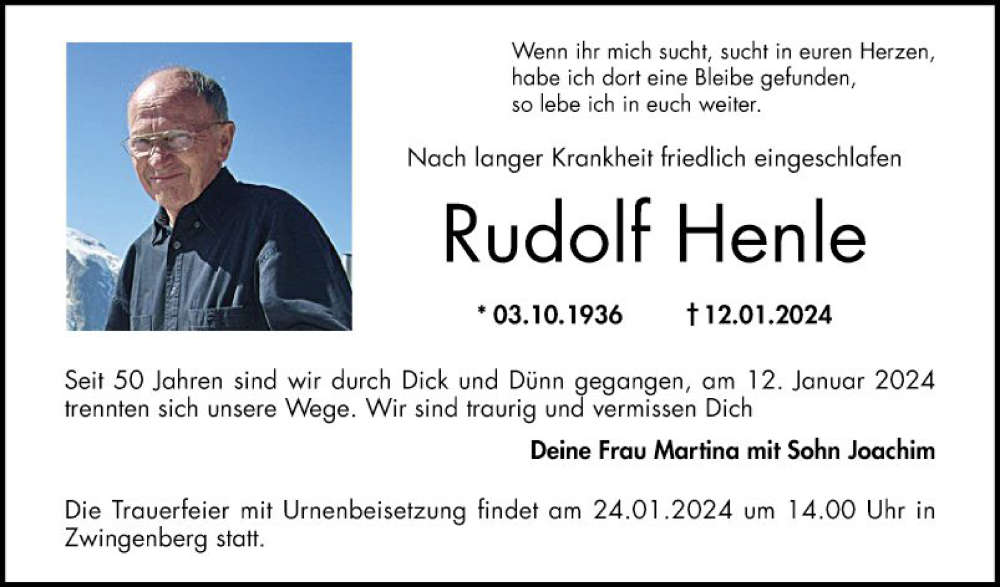  Traueranzeige für Rudolf Henle vom 20.01.2024 aus Bergsträßer Anzeiger