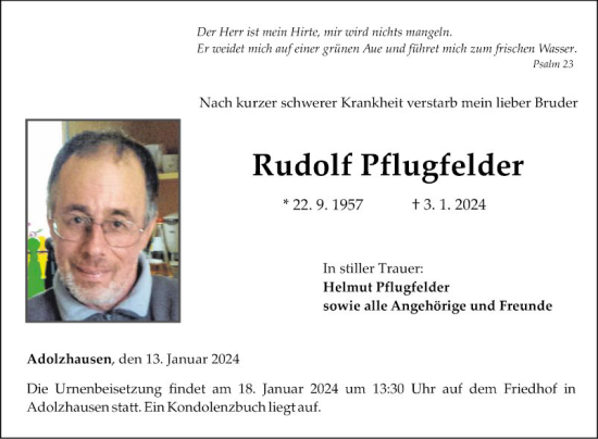 Traueranzeige von Rudolf Pflugfelder von Fränkische Nachrichten